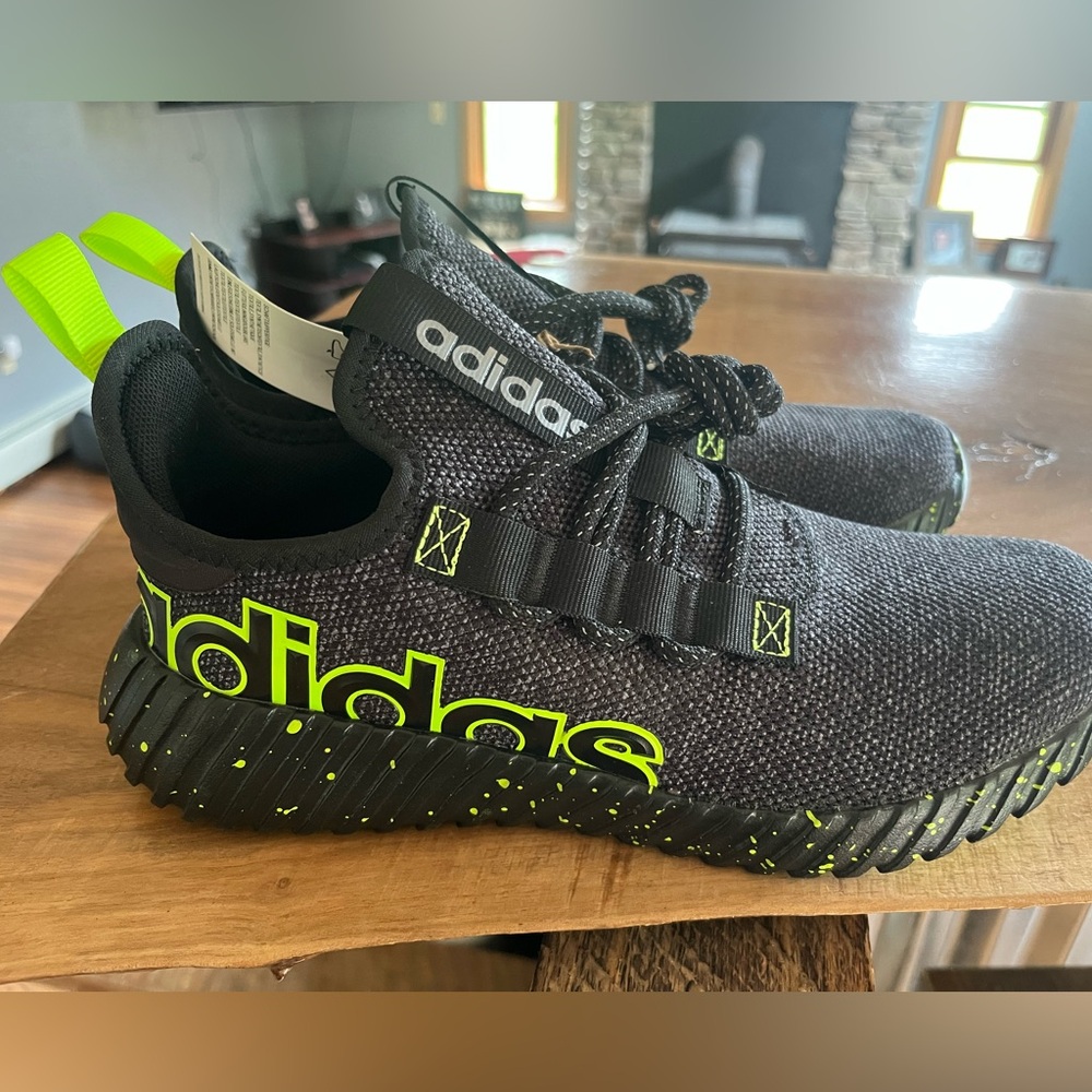 Adidas Black and Green Sneakers with Knit Upper and Laceless Design